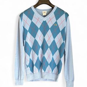 Lacoste Men's Blue and Red Argyle V-Neck Sweater 4/M